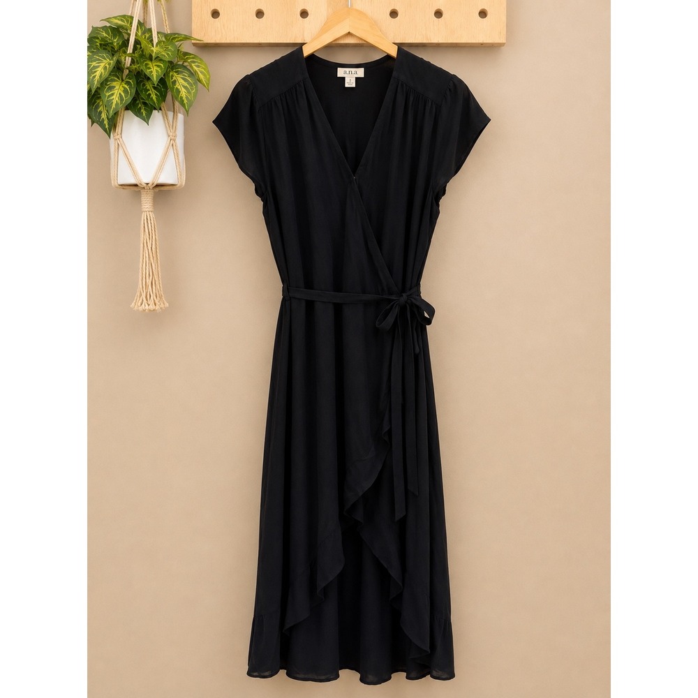 ANA A New Approach Womens XL Black Wrap Dress Flutter Sleeve High Low Midi NWT
